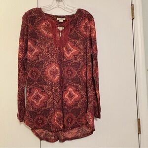 NWT Lucky Brand Size XL Red Print Boho Long Sleeve Cotton Tunic Top Shirt